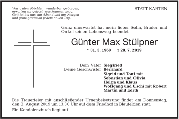 Traueranzeige von Günter Max Stülpner von Hohenloher Tagblatt