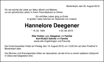 Traueranzeige von Hannelore Deegener von NWZ Neue Württembergische Zeitung