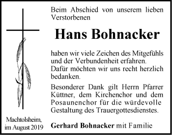 Traueranzeige von Hans Bohnacker von SÜDWEST PRESSE Ausgabe Ulm/Neu-Ulm