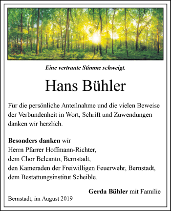 Traueranzeige von Hans Bühler von SÜDWEST PRESSE Ausgabe Ulm/Neu-Ulm