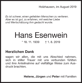 Traueranzeige von Hans Esenwein von NWZ Neue Württembergische Zeitung