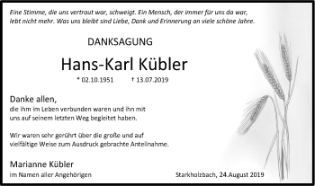 Traueranzeige von Hans-Karl Kübler von Haller Tagblatt