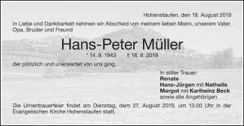 Traueranzeige von Hans-Peter Müller von NWZ Neue Württembergische Zeitung