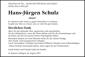 Traueranzeige von Hans Jürgen Schulz von Alb-Bote/Metzinger-Uracher Volksblatt