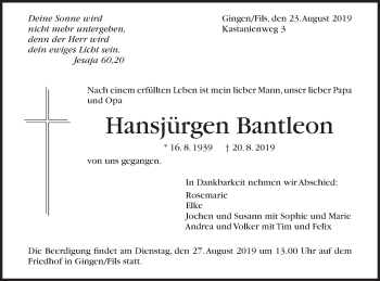 Traueranzeige von Hansjürgen Bantleon von Geislinger Zeitung