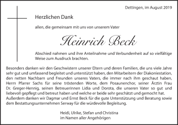 Traueranzeige von Heinrich Beck von Metzinger-Uracher Volksblatt