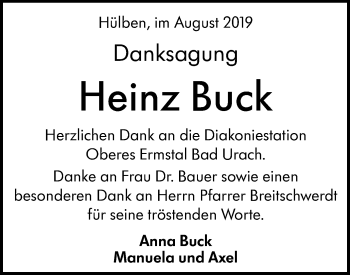 Traueranzeige von Heinz Buck von Alb-Bote/Metzinger-Uracher Volksblatt