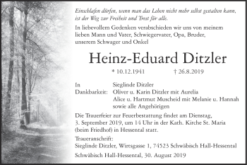 Traueranzeige von Heinz-Eduard Ditzler von Haller Tagblatt