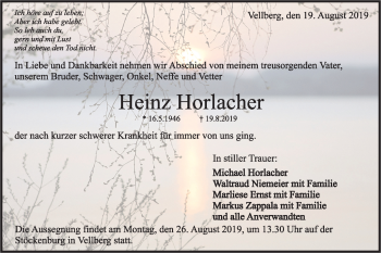 Traueranzeige von Heinz Horlacher von Haller Tagblatt