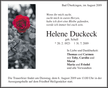 Traueranzeige von Helene Duckeck von Geislinger Zeitung