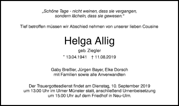 Traueranzeige von Helga Allig von SÜDWEST PRESSE Ausgabe Ulm/Neu-Ulm