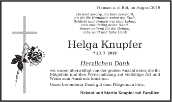 Traueranzeige von Helga Knupfer von Rundschau Gaildorf