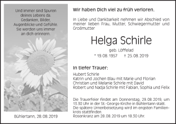 Traueranzeige von Helga Schirle von Haller Tagblatt