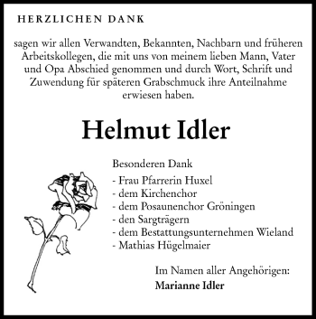 Traueranzeige von Helmut Idler von Hohenloher Tagblatt