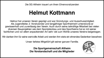 Traueranzeige von Helmut Kottmann von Ehinger Tagblatt