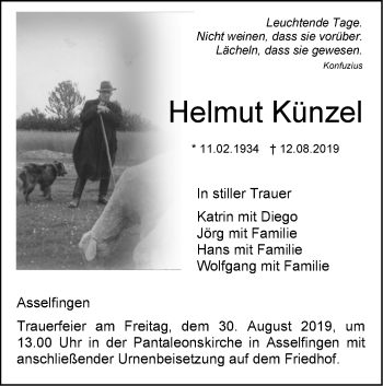 Traueranzeige von Helmut Künzel von SÜDWEST PRESSE Ausgabe Ulm/Neu-Ulm