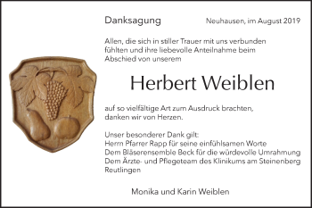 Traueranzeige von Herbert Weiblen von Metzinger-Uracher Volksblatt