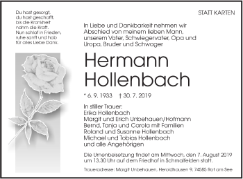 Traueranzeige von Hermann Hollenbach von Hohenloher Tagblatt