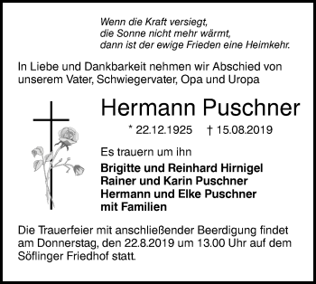 Traueranzeige von Hermann Puschner von SÜDWEST PRESSE Ausgabe Ulm/Neu-Ulm