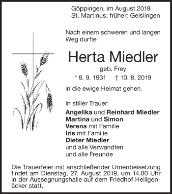 Traueranzeige von Herta Miedler von Geislinger Zeitung