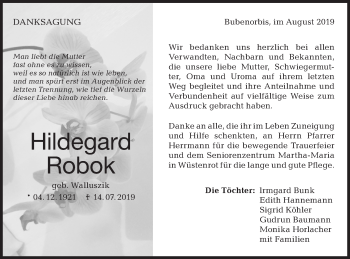 Traueranzeige von Hildegard Robok von Haller Tagblatt