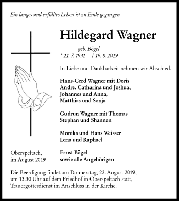 Traueranzeige von Hildegard Wagner von Haller Tagblatt