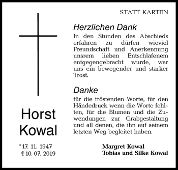 Traueranzeige von Horst Kowal von Haller Tagblatt