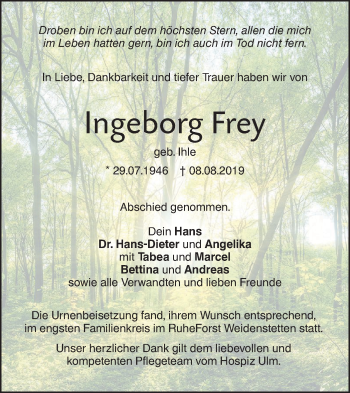 Traueranzeige von Ingeborg Frey von SÜDWEST PRESSE Ausgabe Ulm/Neu-Ulm