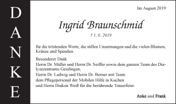 Traueranzeige von Ingrid Braunschmid von Geislinger Zeitung