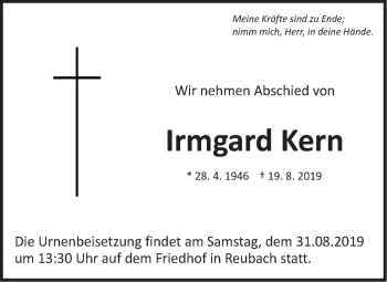 Traueranzeige von Irmgard Kern von Hohenloher Tagblatt