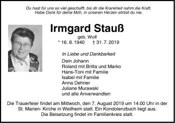 Traueranzeige von Irmgard Stauß von Hohenzollerische Zeitung