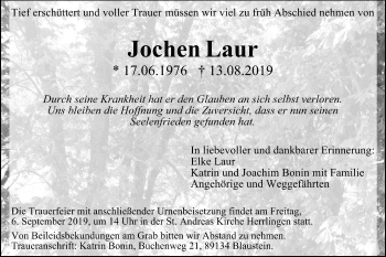 Traueranzeige von Jochen Laur von SÜDWEST PRESSE Ausgabe Ulm/Neu-Ulm