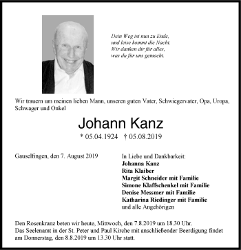 Traueranzeige von Johann Kanz von Hohenzollerische Zeitung