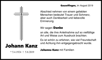 Traueranzeige von Johann Kanz von Hohenzollerische Zeitung