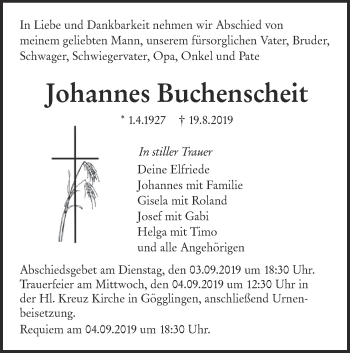 Traueranzeige von Johannes Buchenscheit von SÜDWEST PRESSE Ausgabe Ulm/Neu-Ulm