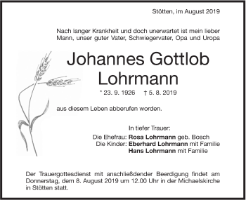 Traueranzeige von Johannes Gottlob Lohrmann von Geislinger Zeitung