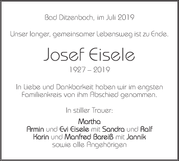 Traueranzeige von Josef Eisele von Geislinger Zeitung