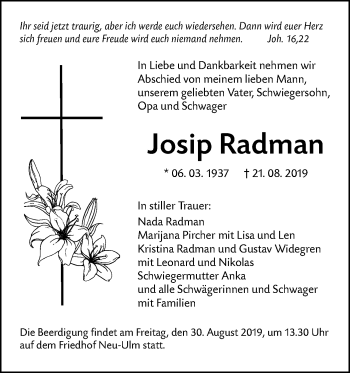 Traueranzeige von Josip Radman von SÜDWEST PRESSE Ausgabe Ulm/Neu-Ulm