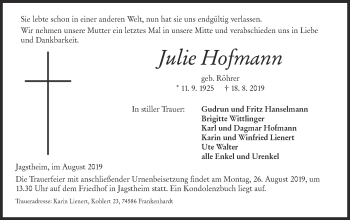 Traueranzeige von Julie Hofmann von Hohenloher Tagblatt