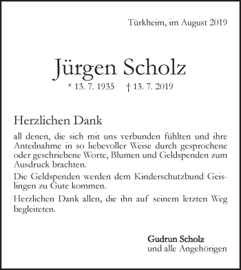 Traueranzeige von Jürgen Scholz von Geislinger Zeitung