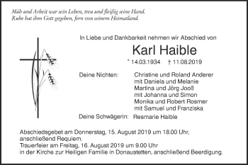 Traueranzeige von Karl Haible von SÜDWEST PRESSE Ausgabe Ulm/Neu-Ulm