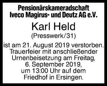 Traueranzeige von Karl Held von SÜDWEST PRESSE Ausgabe Ulm/Neu-Ulm