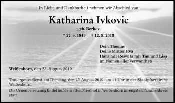 Traueranzeige von Katharina Ivkovic von SÜDWEST PRESSE Ausgabe Ulm/Neu-Ulm