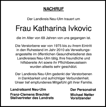 Traueranzeige von Katharina Ivkovic von SÜDWEST PRESSE Ausgabe Ulm/Neu-Ulm