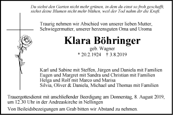 Traueranzeige von Klara Böhringer von SÜDWEST PRESSE Ausgabe Ulm/Neu-Ulm