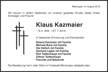 Traueranzeige von Klaus Kazmaier von Metzinger-Uracher Volksblatt