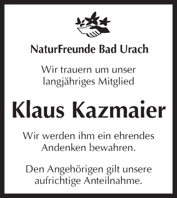 Traueranzeige von Klaus Kazmaier von Metzinger-Uracher Volksblatt