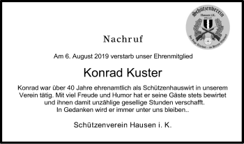 Traueranzeige von Konrad Kuster von Hohenzollerische Zeitung