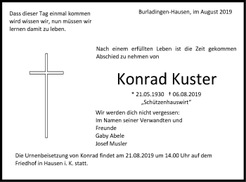 Traueranzeige von Konrad Kuster von Hohenzollerische Zeitung