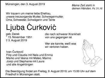 Traueranzeige von Ljuba Curkovic von Alb-Bote/Metzinger-Uracher Volksblatt